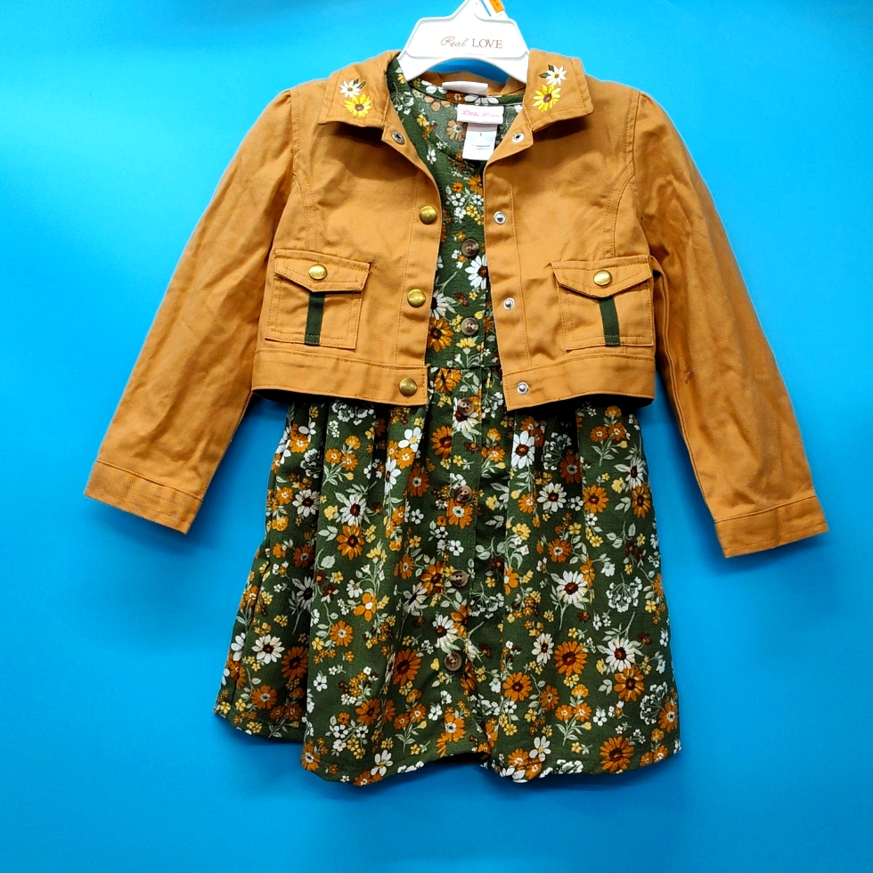 Little Lass Green Floral 2pcs Jacket & Dress Set Girl Size 5